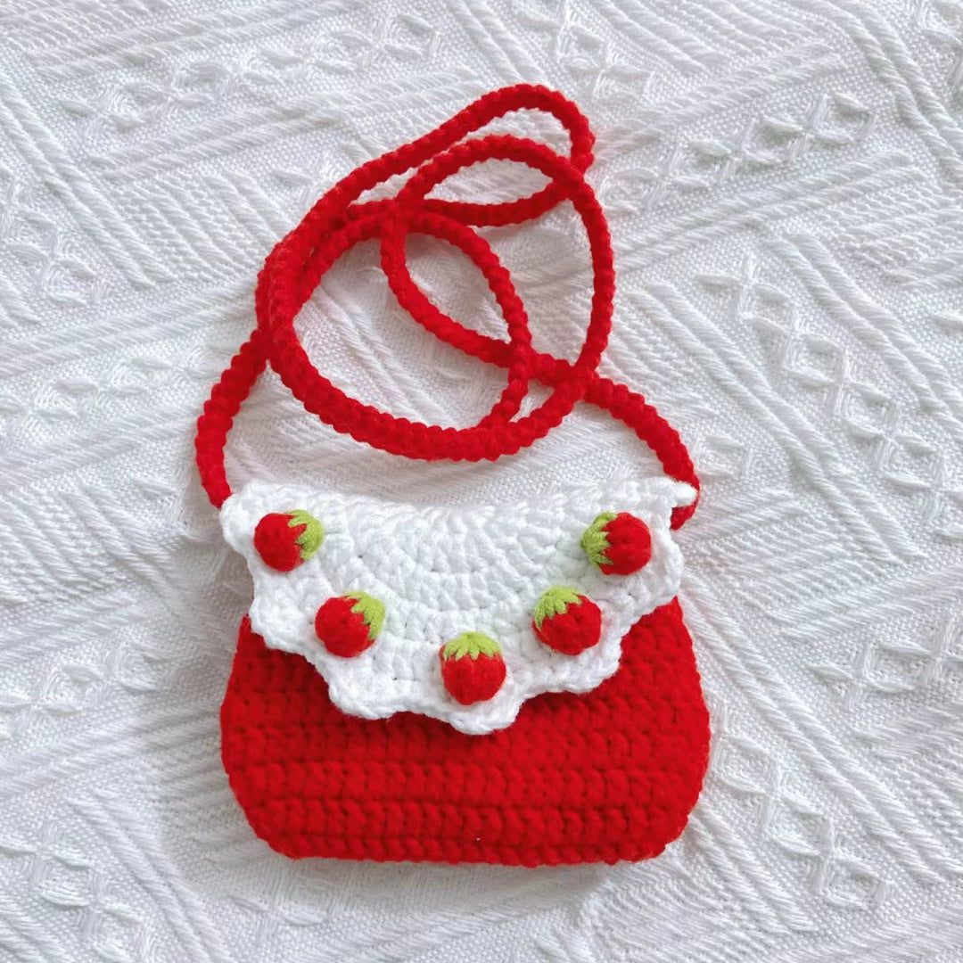 Hand knitted strawberry bag